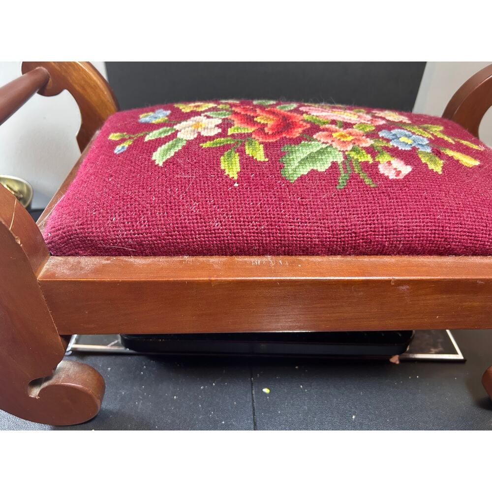 1032. Vintage Needlepoint Footstool - Red - Picture 5 of 5